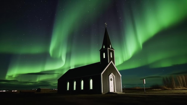 Aurora borealis northern lights over a church in Iceland Generative AI