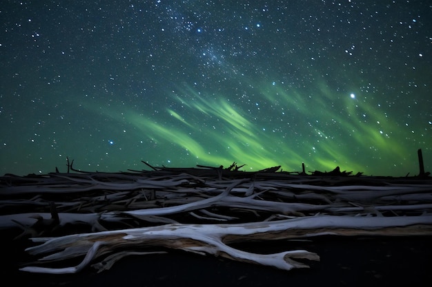 Photo aurora borealis northern lights over a dead tree trunk