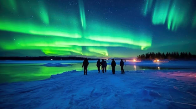 Aurora borealis northern lights over frozen lake in winter Generative AI