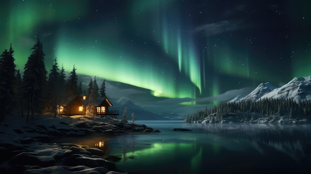 Aurora borealis northern lights over a house in winter Christmas winter background