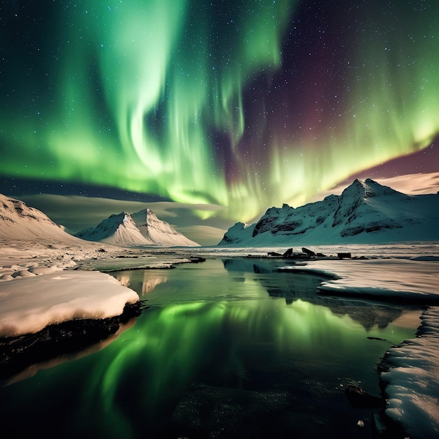 Aurora borealis Northern lights over mountain with one person at Skagsanden beach Lofoten islands