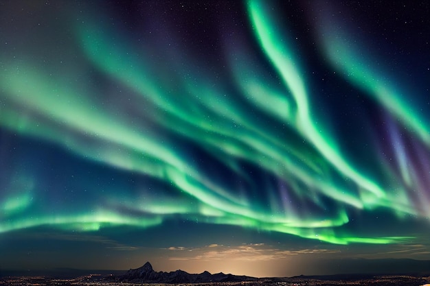 Aurora borealis (northern lights), polar lights realistic 2d
illustration on night sky background.