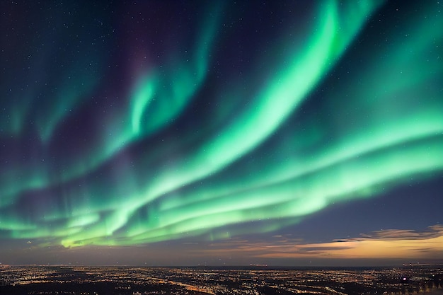 Aurora borealis (northern lights), polar lights realistic 2d\
illustration on night sky background.