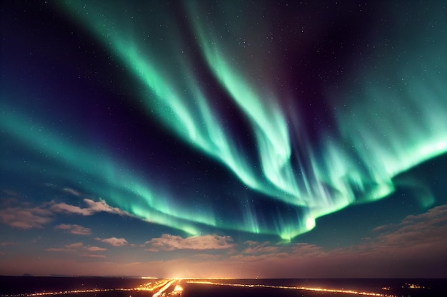 Северное сияние (Северное сияние), реалистичная 2D-иллюстрация северного сияния на фоне ночного неба.