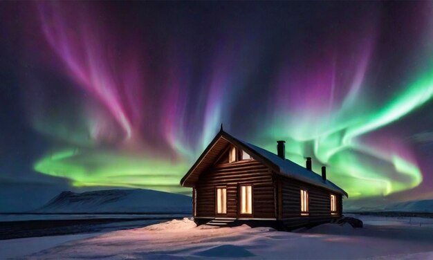 Photo aurora borealis northern lights over a wooden house in iceland