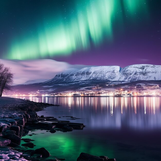 ノルウェーのフィヨルド上の北極光