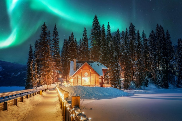 Aurora borealis of noorderlicht boven Emerald Lake Lodge gloeiend in de nacht in Yoho National Park