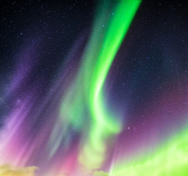 Aurora Borealis of noorderlicht groene en paarse kleuren met sterrenhemel in de nachtelijke hemel op poolcirkel