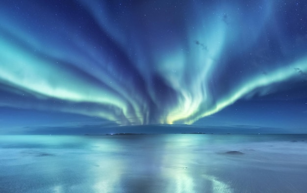 Aurora borealis op de Lofoten-eilanden Noorwegen Groen noorderlicht boven de oceaan Nachtelijke hemel