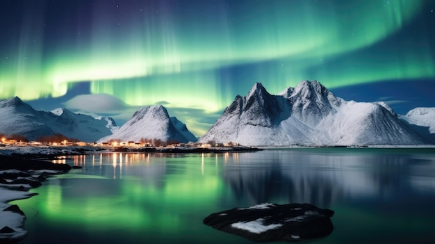 Aurora Borealis over de zee, besneeuwde bergen en stadslichten 's nachts Noorderlicht op de Lofoten-eilanden Noorwegen Sterrenhemel met poollicht Winterlandschap met aurora reflectie zandstrand