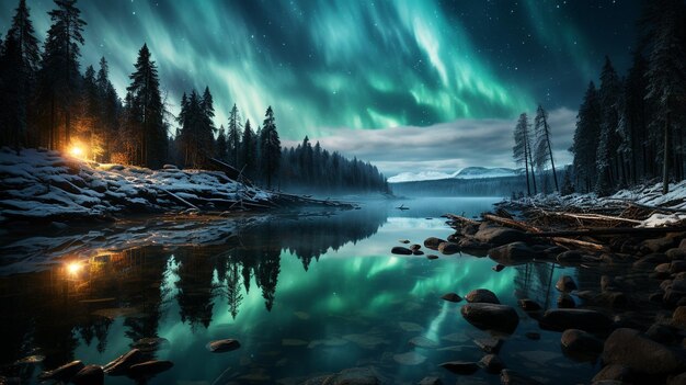 Aurora Borealis over het besneeuwde landschap