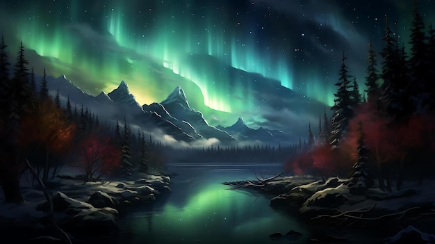 Aurora borealis over a river