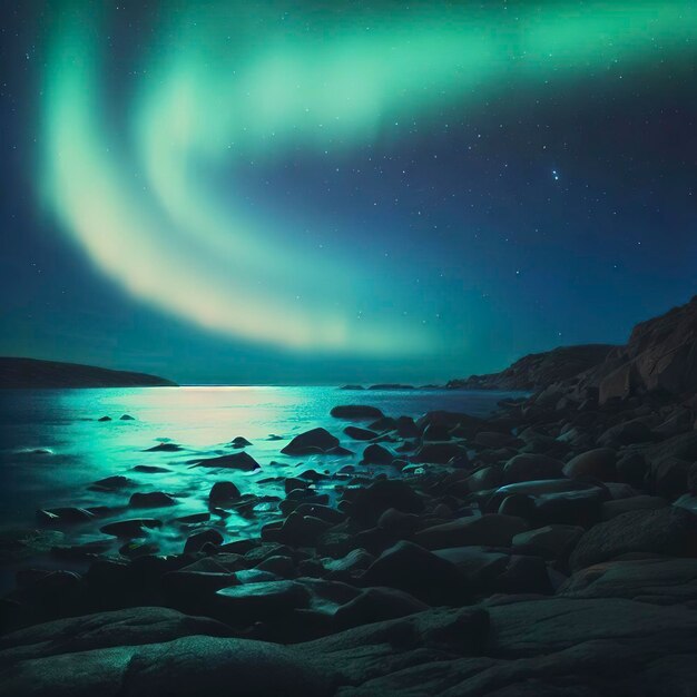 Aurora borealis over rocky beach and ocean Northern lights in Teriberka Russia