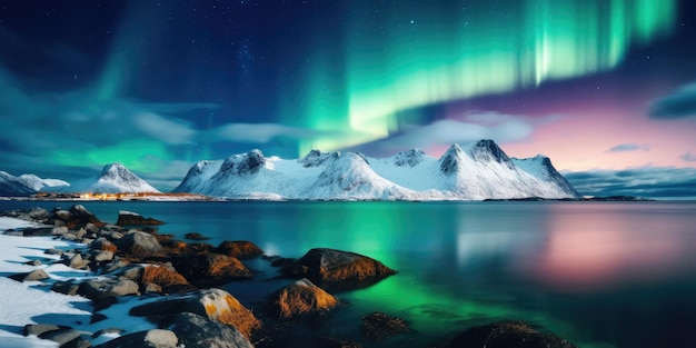 Aurora borealis over the sea snowy mountains and city lights at night Northern lights in Lofoten islands Norway Starry sky with polar lights Winter landscape with aurora reflection sandy beach