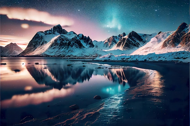 Aurora borealis over the sea, snowy mountains and city lights at night