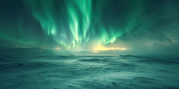 Photo aurora borealis in the sky above a snowy plain