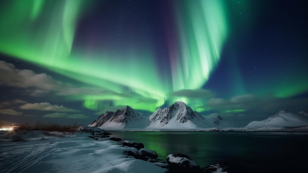 Aurora borealis over a snowy mountain