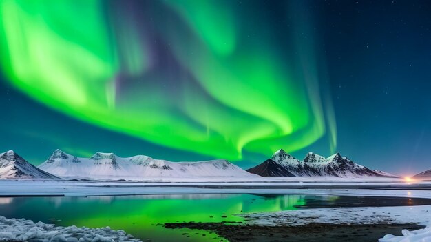 Aurora borealis over snowy mountains frozen sea coast and reflection in water in lofoten islands n