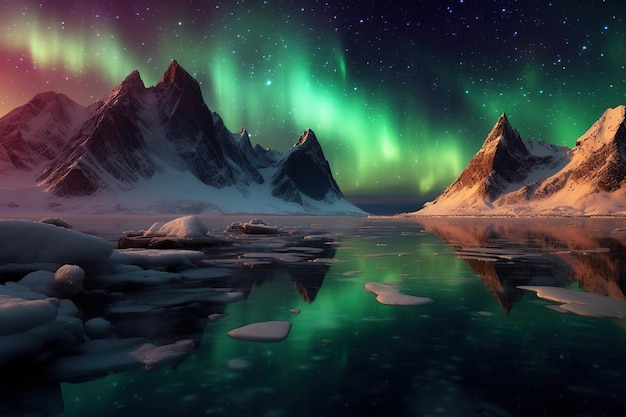 Aurora borealis over snowy mountains frozen sea coast reflection in water at night