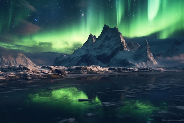 Aurora borealis over snowy mountains frozen sea coast reflection in water at night