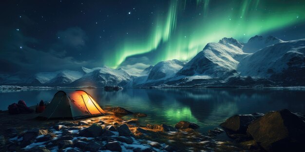 aurora en berglandschap wandelen onder de nachtelijke hemel Generatieve AI