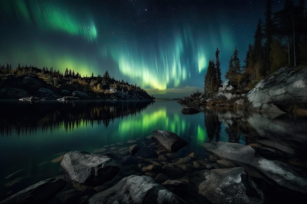 Auroras dancing over the calm waters of a lake created with generative ai