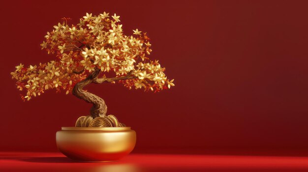 Auspicious chinese decorative plant with gold coated over on red background