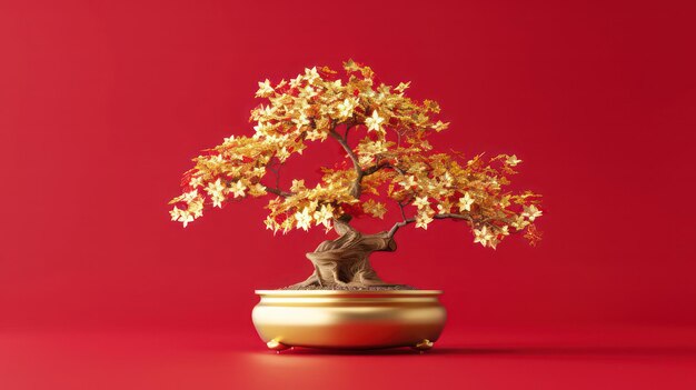 Photo auspicious chinese decorative plant with gold coated over on red background