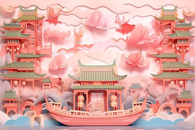 Auspicious clouds and yangtze river with many boats a multidimensional paper kirigami craft illustration in chinese traditional painting style ai generative