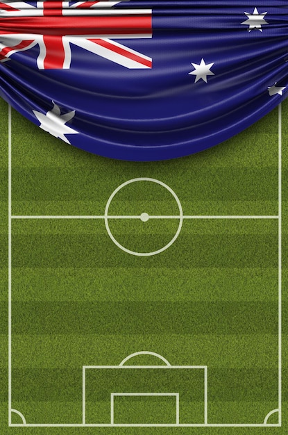 Photo australia country flag draped over a football soccer pitch 3d rendering