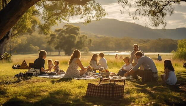 Australia day a family picnic scene in a national park with a spread of classic australian food