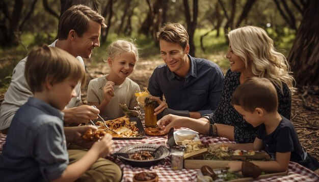 Australia day a family picnic scene in a national park with a spread of classic australian food