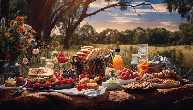 Australia day una scena di picnic in famiglia in un parco nazionale con una diffusione di cibo australiano classico