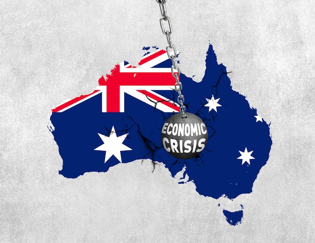 Australia Economic crisis concept. Australia wall breaking- business or economy fall for war