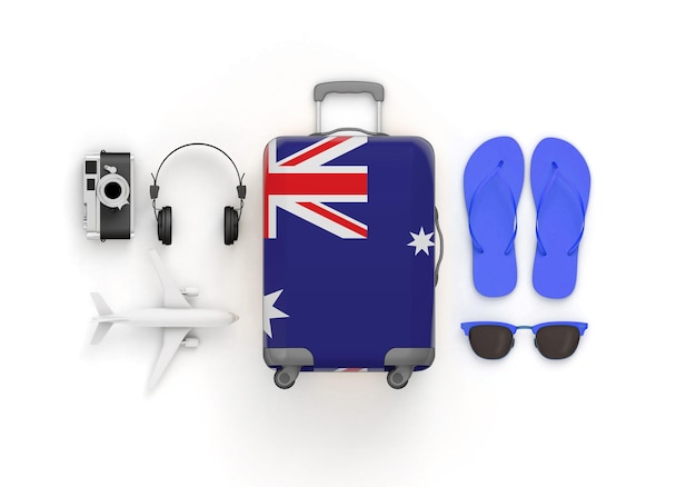 Photo australia flag suitcase and travel accessories lay flat d render