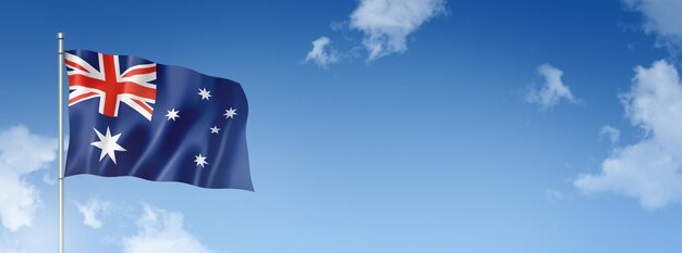 Australia flag three dimensional render isolated on a blue sky Horizontal banner 3D illustration