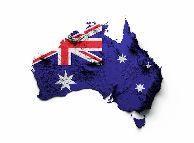 Photo australia map australia flag shaded relief color height map on white background 3d illustration