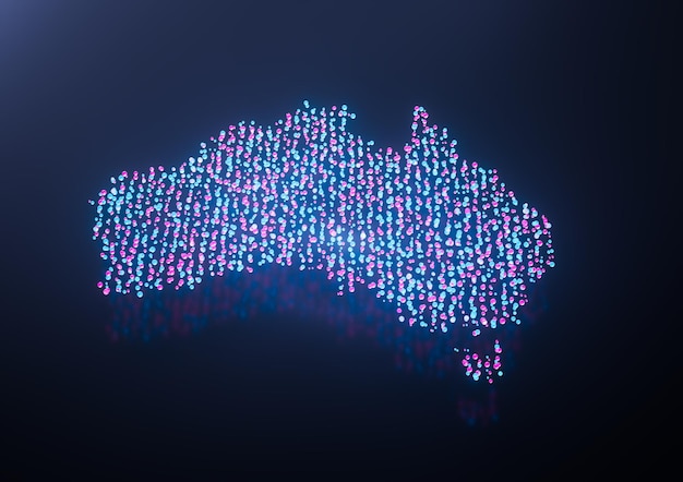 australia map digital data map pink and blue abstract glowing particles 3d illustration