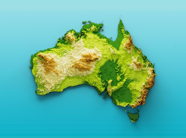 Photo australia map shaded relief color height map on the sea blue background 3d illustration