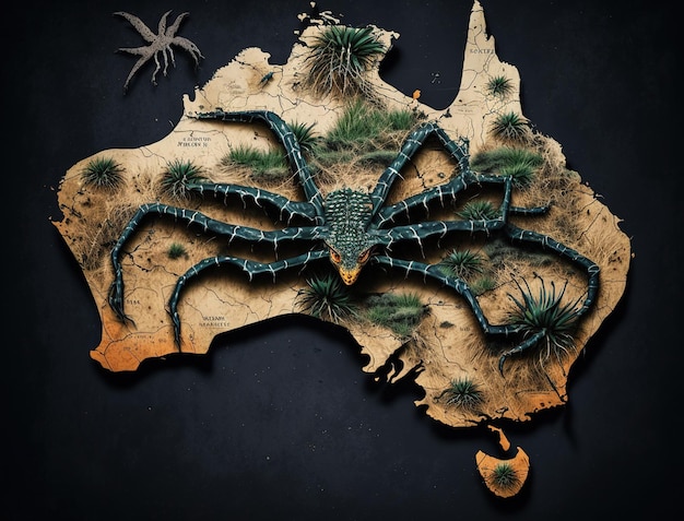 Australia map with wild nature, giant spiders snakes and crocodile, scary nature