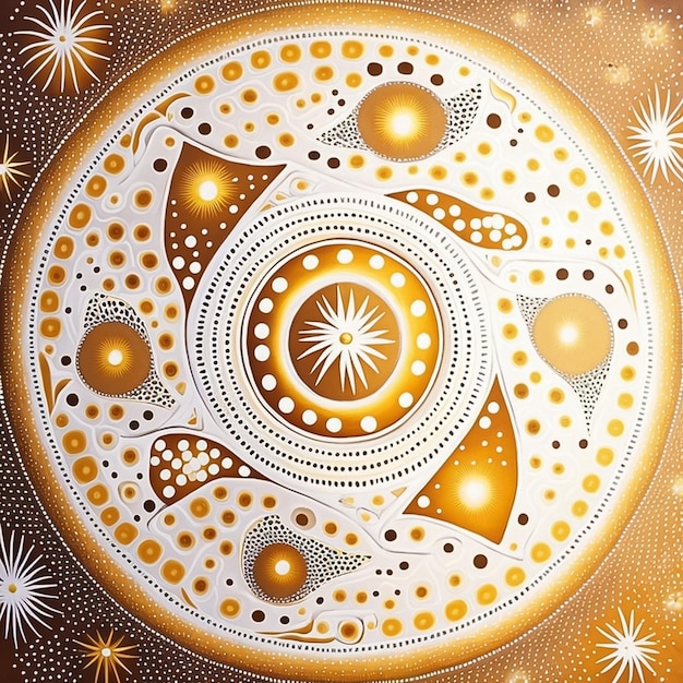 複雑な古代の象徴主義のオーストラリアのアボリジニのアートワーク ゴールド ホワイト 発光色 AI 生成