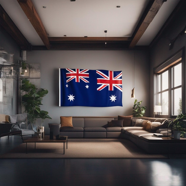 거실에 세워진 호주 국기와 현관문 벽지