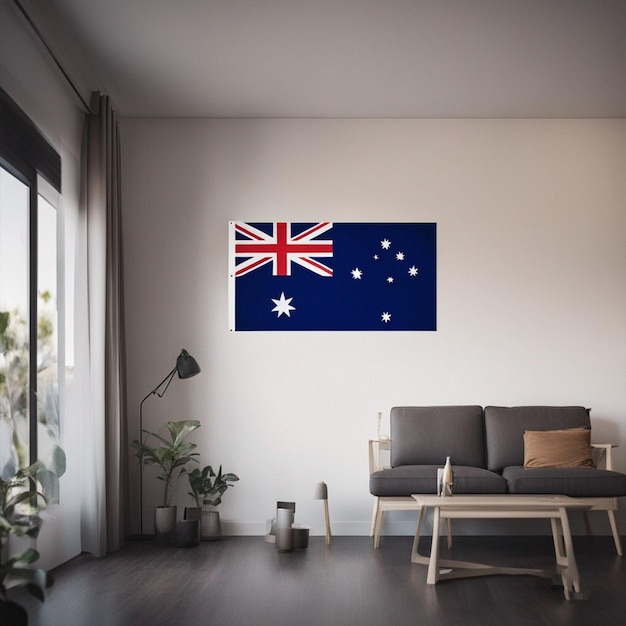 거실에 세워진 호주 국기와 현관문 벽지