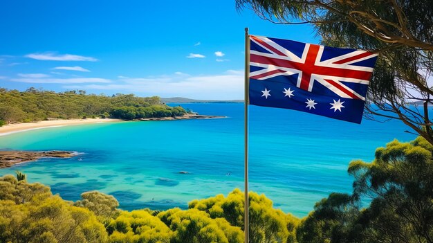 Photo australian flag waving on the foreground with coastal landscape of mettams pool trigg beach north