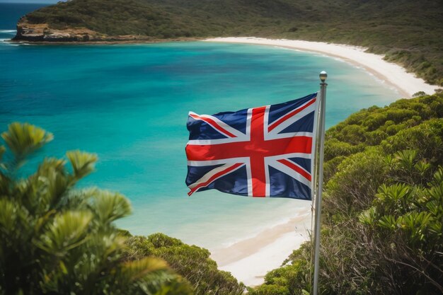 Photo australian flag waving in the wind on the sand at the beach