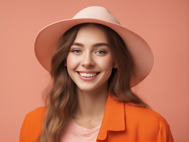 A australian girl wearing trendy bright orange color clothes and round hat