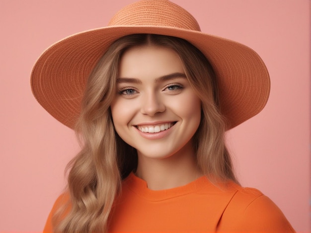 A australian girl wearing trendy bright orange color clothes and round hat