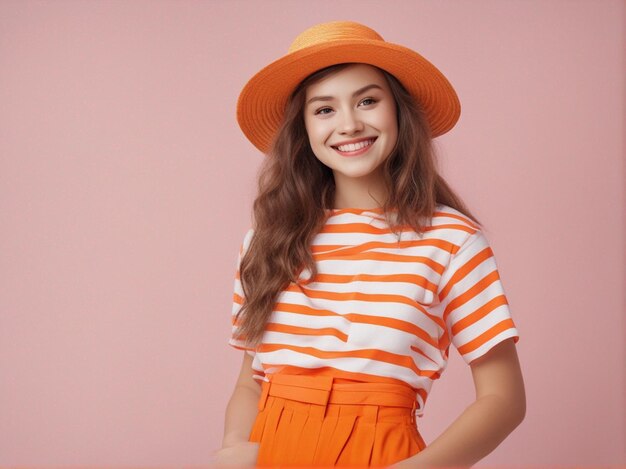 A australian girl wearing trendy bright orange color clothes and round hat