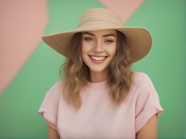 A australian girl wearing trendy bright pink color clothes and round hat