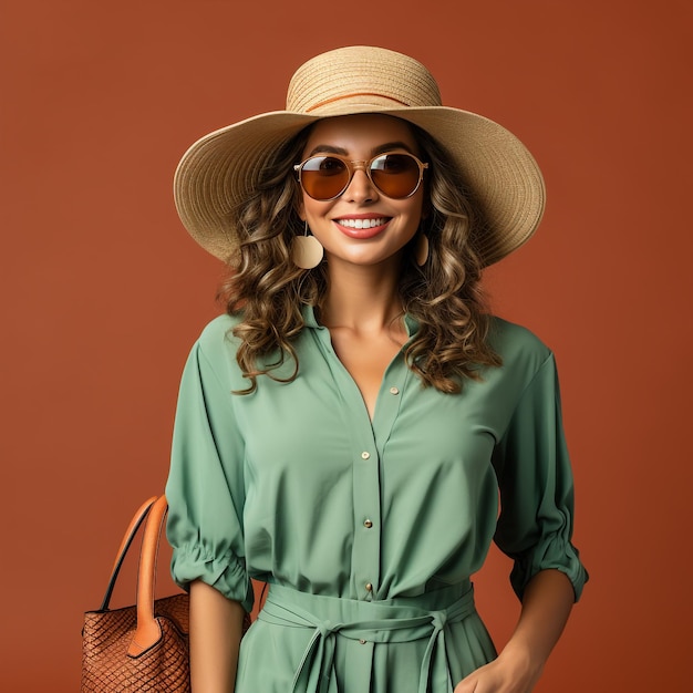 A Australian girl wearing trendy pantone green color clothes and round hat generated by AI